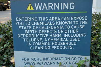 1. A sign that says: “Warning: Entering this area can exposure you to chemicals known to the State of California to cause birth defects or other reproductive harm, including toluene, a chemical used in common household cleaning products. For more information go to www.p65warnings.ca.gov